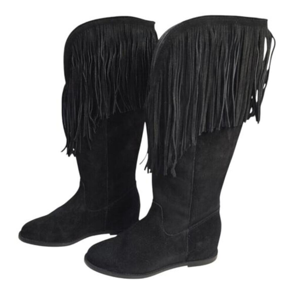 Dingo Black Suede Leather Western Hassie Cowboy Fringe Boots Size 8 New